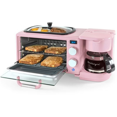 Nostalgia 3-in-1 Retro Breakfast Station - Includes 5 Cup Coffee Maker, Non-Stick Ceramic Griddle, and 4-Slice Toaster Oven - Pink | Target