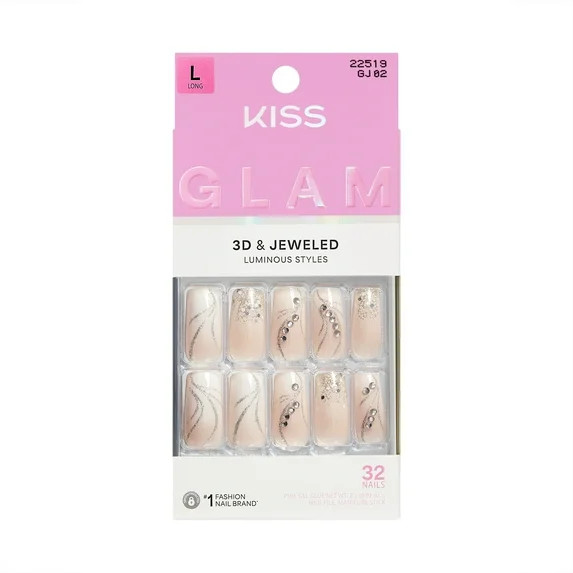 KISS GLAM 3D & Jewel Press On Nails , ‘Wrapped in Beauty’, Neutral, Long Square, 32 Count | Walmart (US)