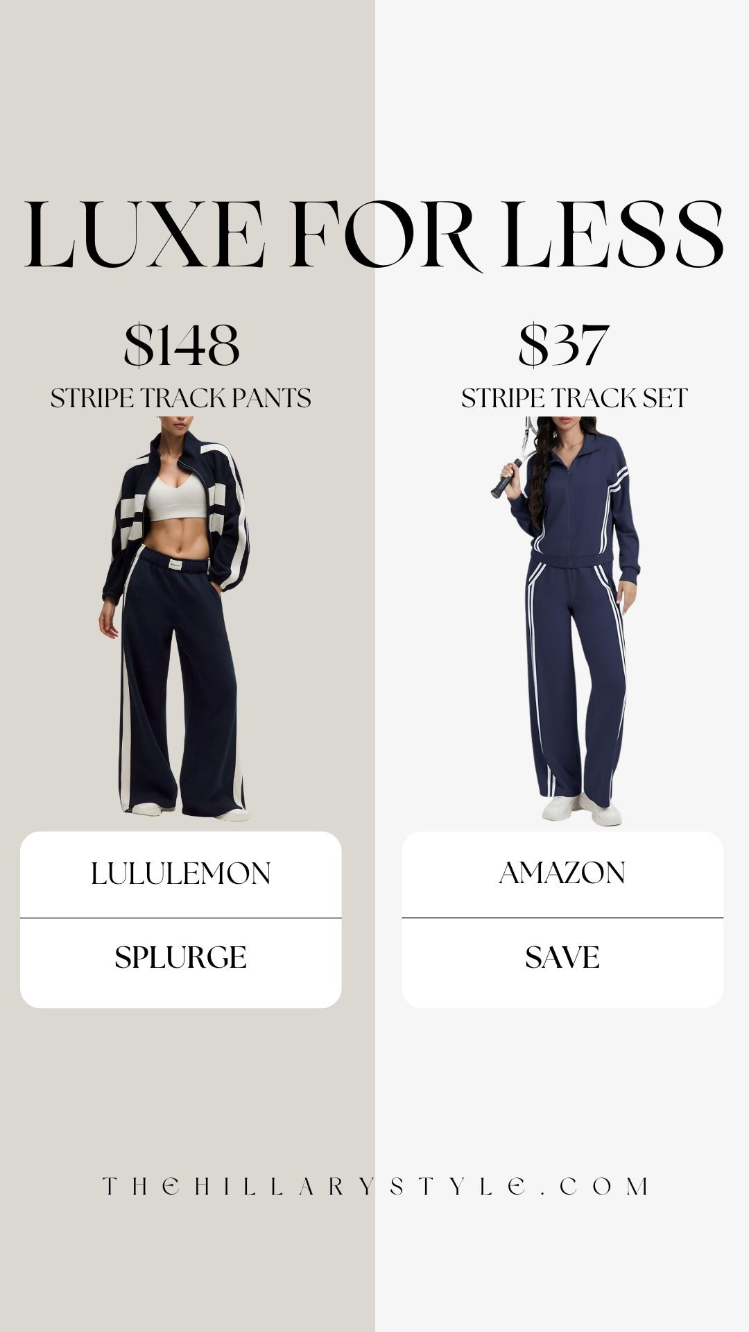 Splurge vs. Save: Striped Track Suit Edition
Obsessed with the retro track aesthetic but not the designer price tag? 💙 I found the ultimate look for less! While the Lululemon striped track pants are a total luxury vibe for your workout wardrobe, this Amazon track set gives you the full coordinated look—top and bottoms—for a fraction of the cost. Whether you're hitting the court or running errands, these side-stripe details are the "it" trend for 2026 athleisure. Stay chic on a budget without sacrificing that high-end sporty feel!

#TheHillaryStyle #AmazonFashion #LululemonDupe #LookForLess #AthleisureTrends #TrackSuitStyle #AmazonFinds2026 #SplurgeVsSave #LTKUnder50 #SportyChic #BudgetFashion #ViralAmazonFinds #TennisAesthetic #RetroActivewear #EverydayStyle 

 

#LTKSeasonal #LTKActive #LTKSaleAlert