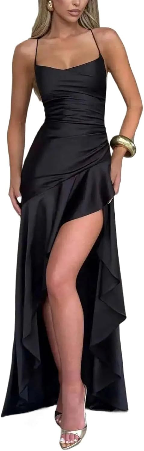 Women's Satin Lace-Up Back Ruffle Asymmetric Maxi Dress | Amazon (US)