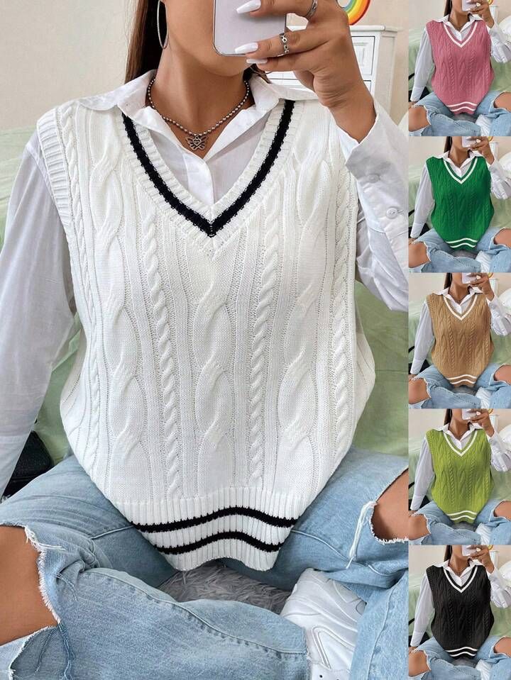 SHEIN Qutie Women Plus Size V-neck Sweater Vest | SHEIN