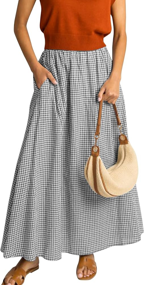 HangNiFang Summer Long Plaid Maxi Skirt for Women Elastic Pleated A-Line Gingham Skirt with Two P... | Amazon (US)