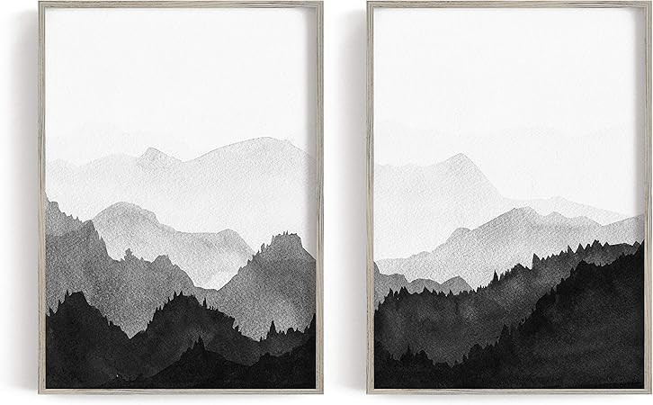 Watercolor Art, Black and White Print, Mountain Wall Art, Mountain Print, 2 Piece Print, Scandina... | Amazon (US)