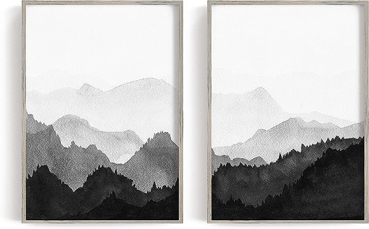 Watercolor Art, Black and White Print, Mountain Wall Art, Mountain Print, 2 Piece Print, Scandina... | Amazon (US)