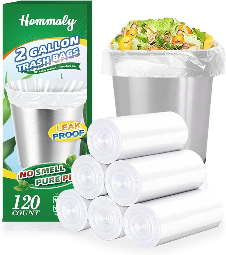 Hommaly 2 Gallon (1.8-2 Gal)120 pcs Small Clear Trash Bags, Strong 1.8 Gallon Garbage Bags, Bathr... | Amazon (US)