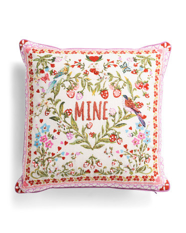 20x20 Floral Hearts Strawberries And Birds Embroidered Mine Pillow | TJ Maxx
