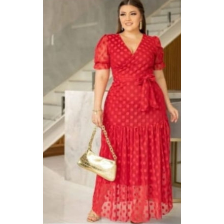 Lindo Vestido Feminino Longo em Tule Poá Forrado Manga Curta Plus Size Moda Crista Evangélica M... | Shopee (BR)