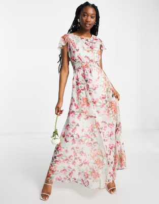 Hope & Ivy - Vestito lungo con maniche con volant, colore crema e fucsia a fiori | ASOS (Global)