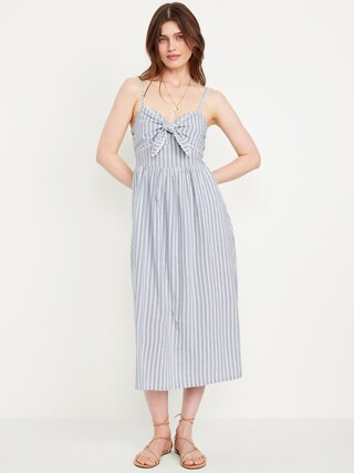 Fit & Flare Tie-Front Seersucker Midi Dress | Old Navy (CA)