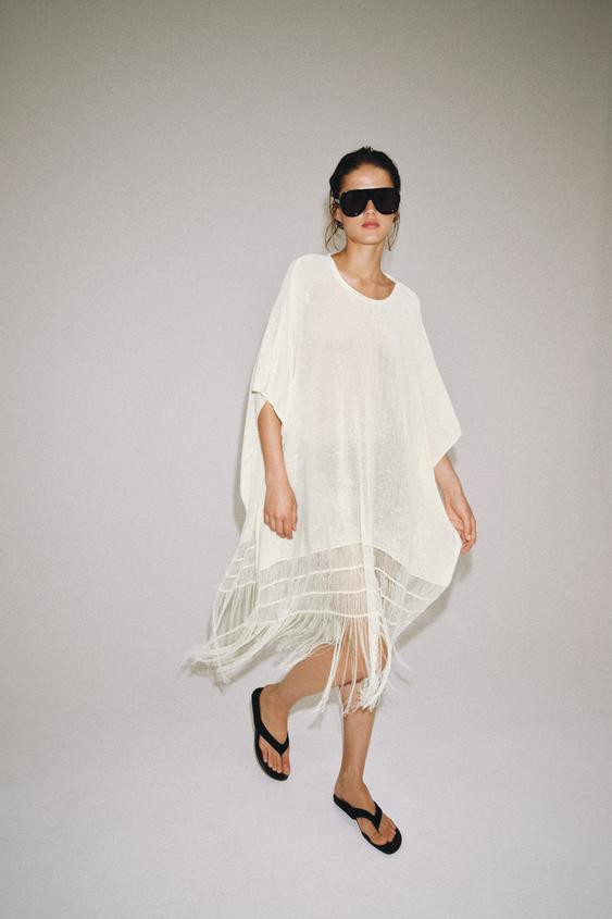 Zara - Fringed Knit Tunic - Light Ecru - M - Woman | Zara US