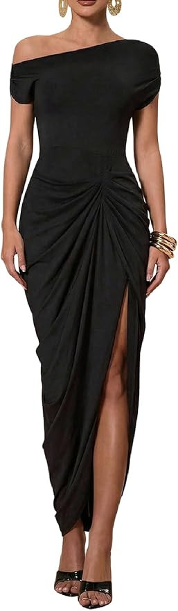 Floerns Women's Elegant Long Dress Asymmetrical Off Shoulder Ruched Slit Bodycon Cocktail Dresses | Amazon (US)