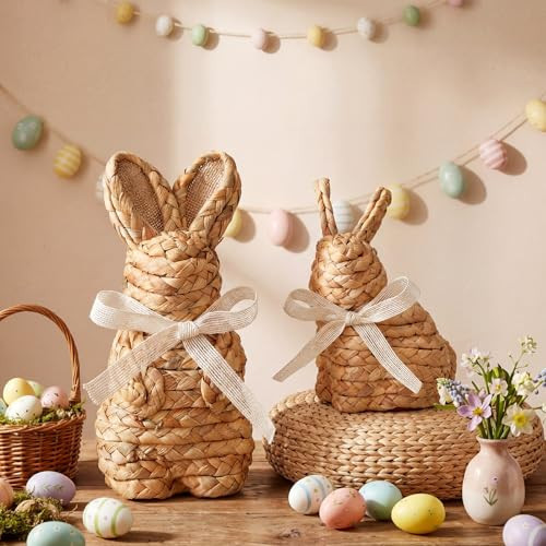 Kathfly Set of 2 Easter Woven Bunny Decor 7 Inch 8 Inch Natural Rattan Easter Bunny Figurine Spring Woven Rabbit Figurine Statues Table Centerpieces Decorations for Home Farmhouse Decor | Amazon (US)