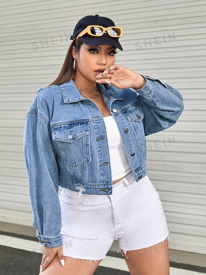 SHEIN Plus Flap Pocket Drop Shoulder Denim Jacket | SHEIN