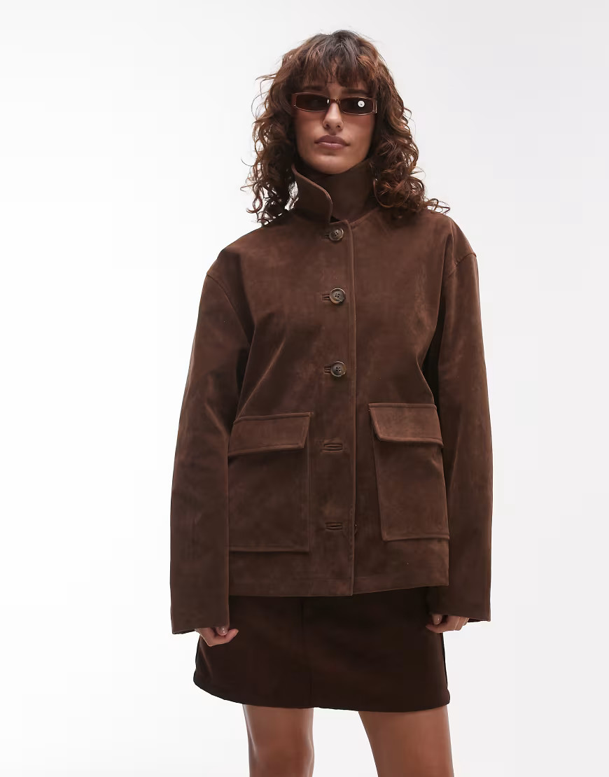Topshop faux suede patch pocket boxy jacket in brown | ASOS (Global)