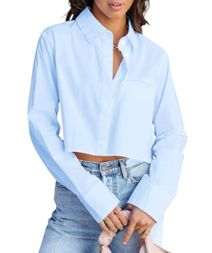 BONITEE Women Blue Cropped Button Down Shirts Fall Cute Long Sleeve Button Up Crop Blouses 2025 Casual Sexy Lapel Tops with Pocket | Amazon (US)