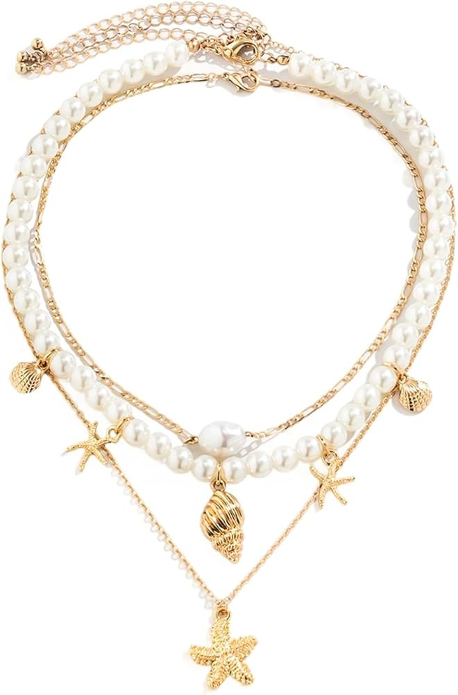 Onperpoe Ocean Charm Necklace Set Shell Necklace Layered Pearl Necklaces for Women Girls Gold She... | Amazon (UK)