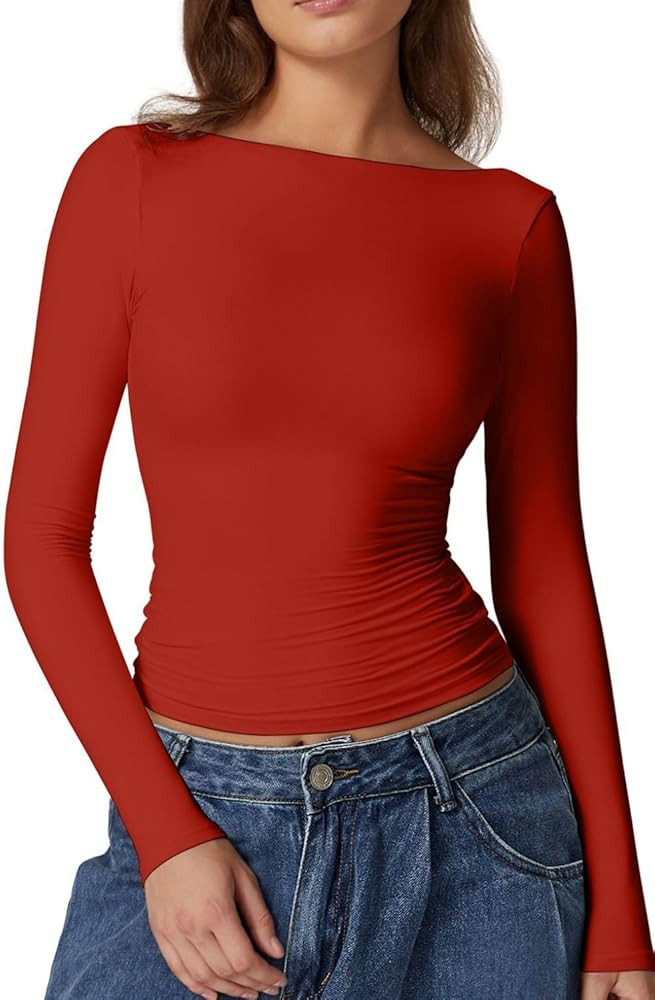 QINSEN Women's Sexy Open Back Long Sleeve Shirts High Neck Double Lined Tees Fitted Going Out Top... | Amazon (US)