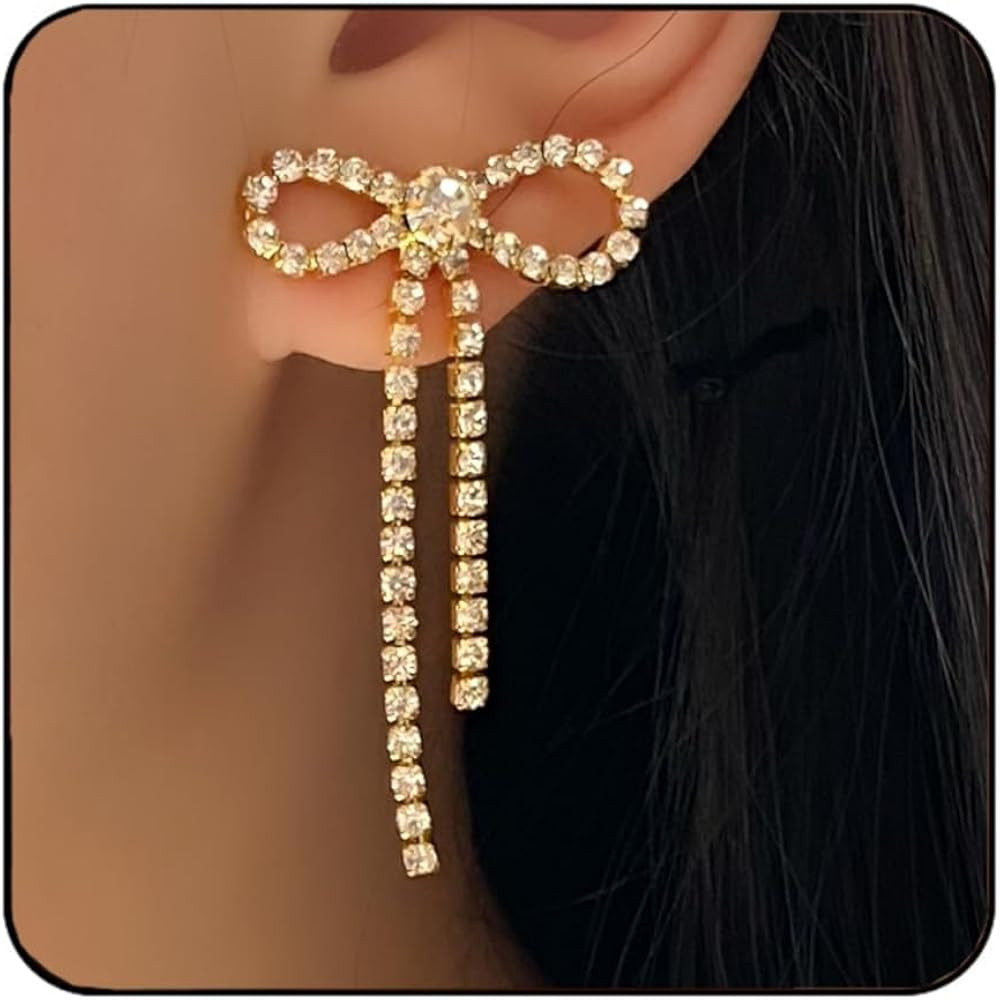 Bow Chandelier Earrings for Women Wedding Dangle Dangling Bling Sparkly Earring Crystal Rhineston... | Amazon (US)