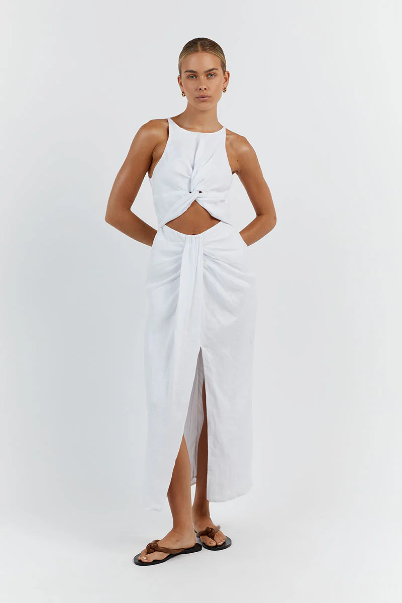 LEO WHITE LINEN KNOTTED MIDI DRESS | DISSH