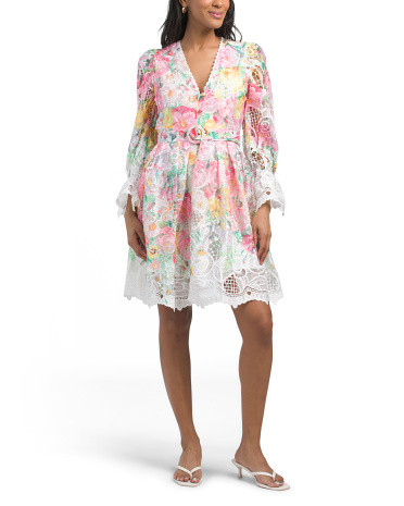Long Sleeve Floral Lace Mini Dress With Belt | Casual Dresses  | Marshalls | Marshalls