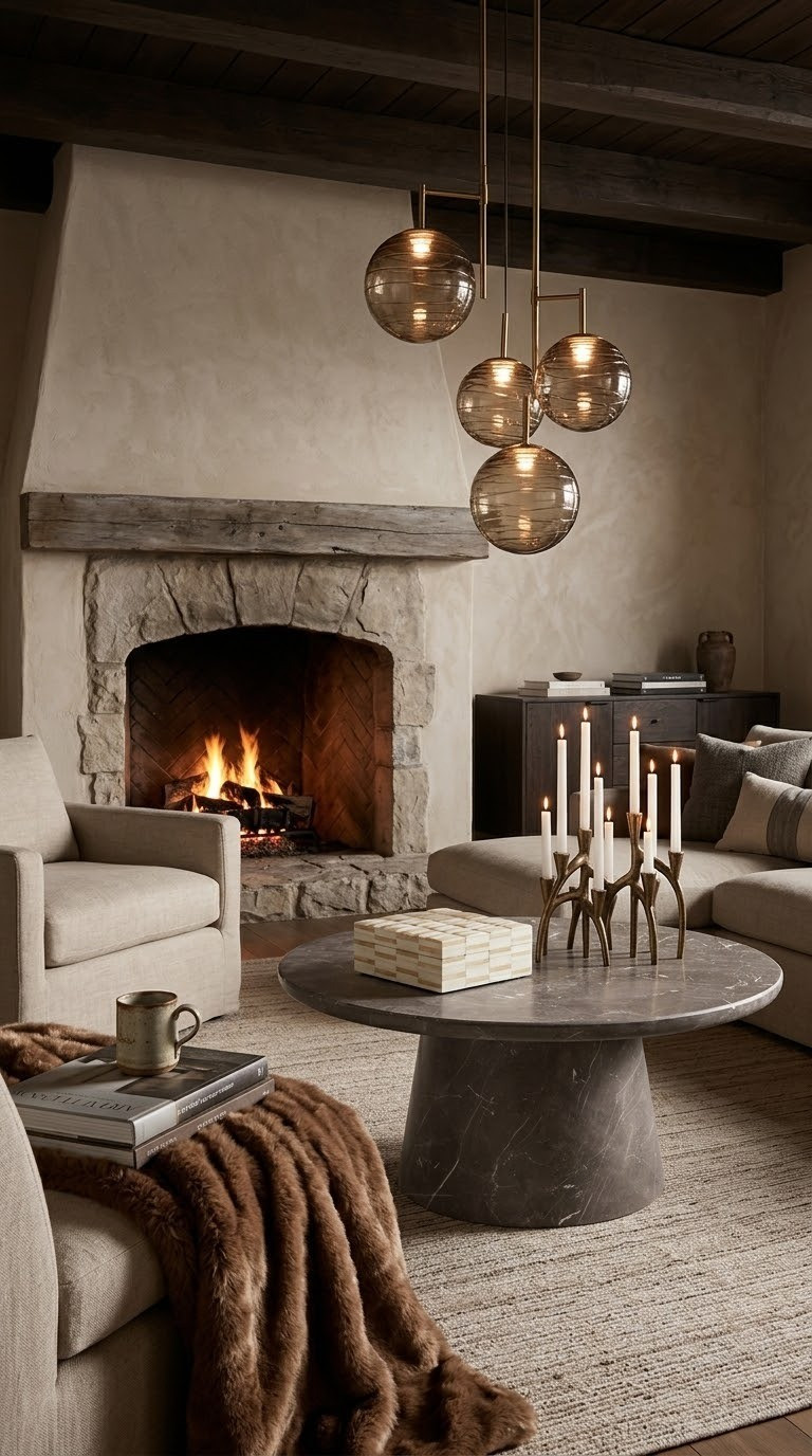 Bringing cozy texture and warm lighting together with this gorgeous living room setup. The mix of natural stone, rich marble, and brass details makes this space feel effortless.#Arhaus #LivingRoomDecor #ModernRustic #CozyHome

#LTKHome