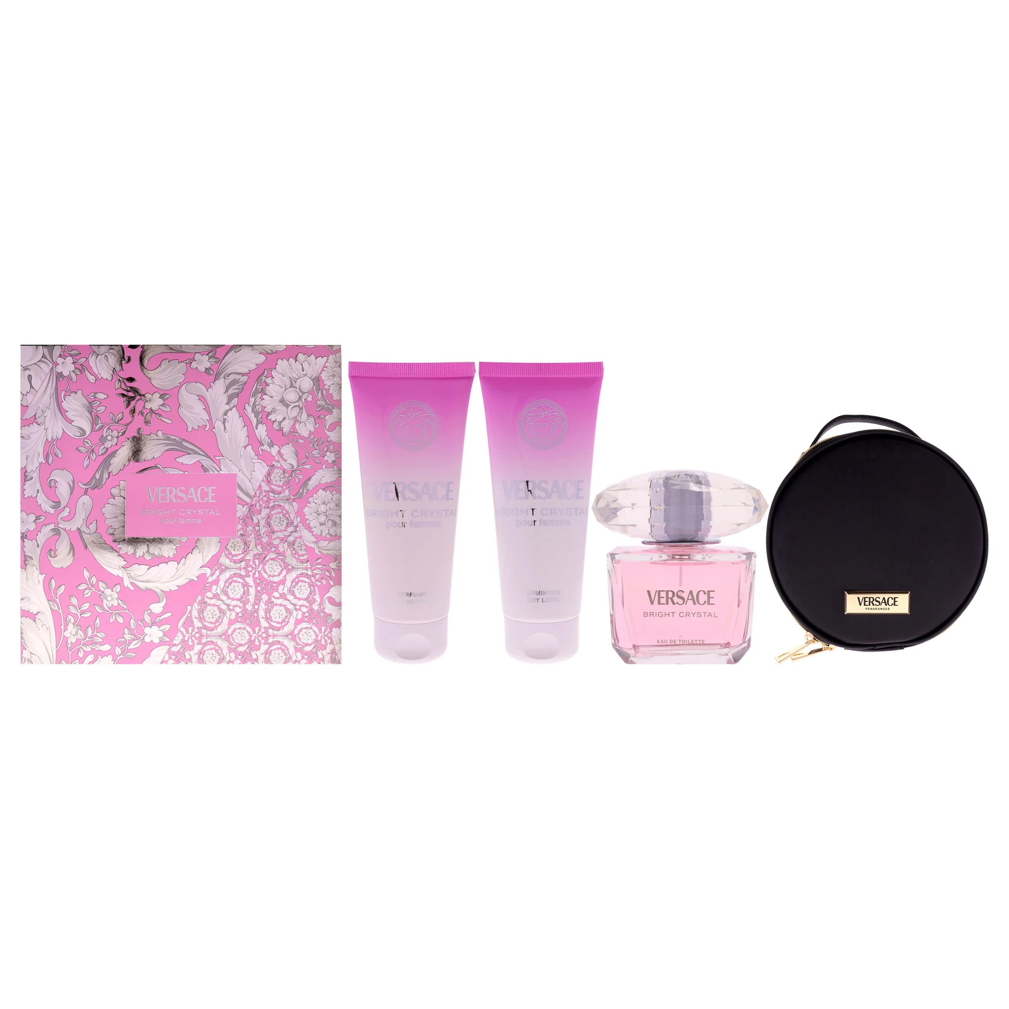 Versace Bright Crystal by Versace for Women - 4 Pc Gift Set 3oz EDT Spray, 3.4oz Body Lotion, 3.4oz Shower Gel, Round Make Up Case | Shop Simon