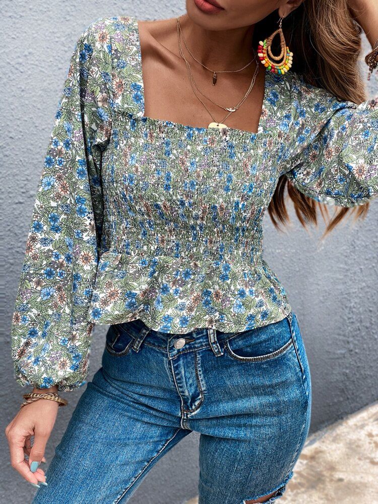 Ditsy Floral Smocked Peplum Top | SHEIN