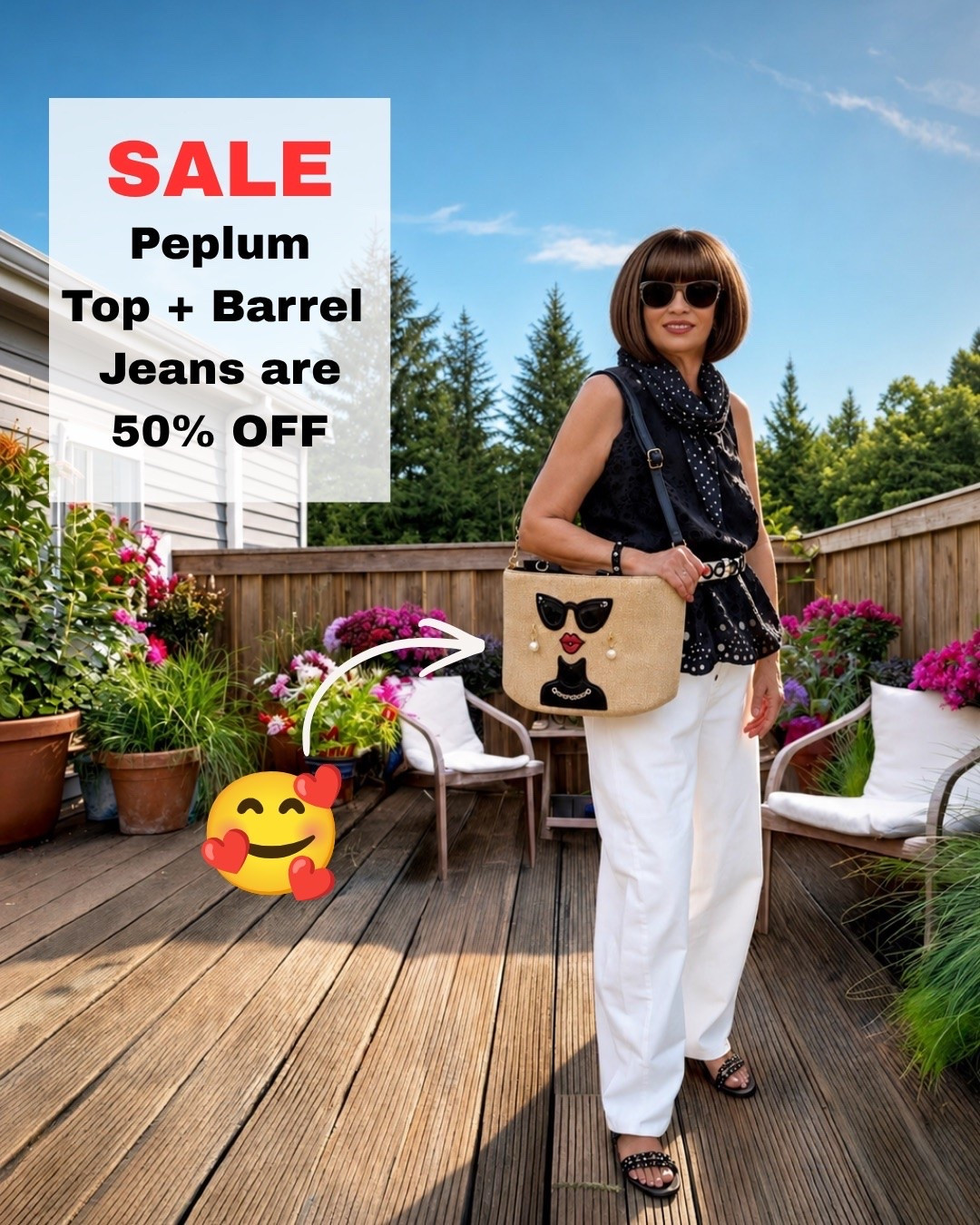 The straw bag is the center of attention here ‼️ Love the Funny Face 🤪 Sold in 8 other colors (See photos below) The barrel jeans have been on repeat all Summer!!! 

#LTKSaleAlert #LTKootd 
https://liketk.it/6mbgi

#LTKgrwm #LTKTravel #LTKWorkwear
