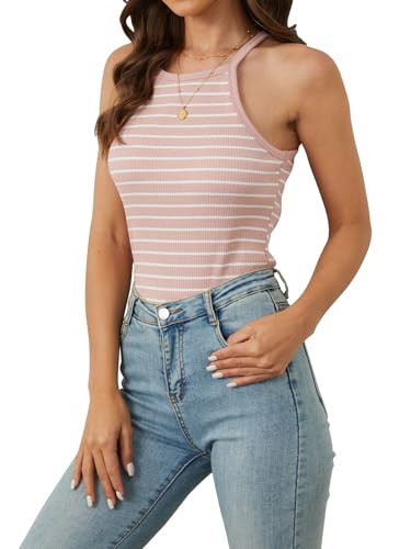 Striped Tank Tops for Women Ribbed Sleeveless Shirts Slim Fitted Halter Tanks 2024 Summer Casual Basic Going Out Camis Pink | Amazon (US)
