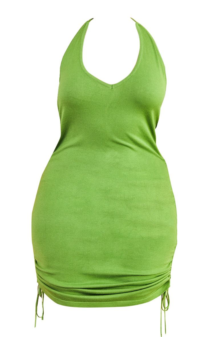Plus Bright Green Ruched V Neck Strappy Knitted Dress | Pretty Little Thing (Australia & New Zealand)