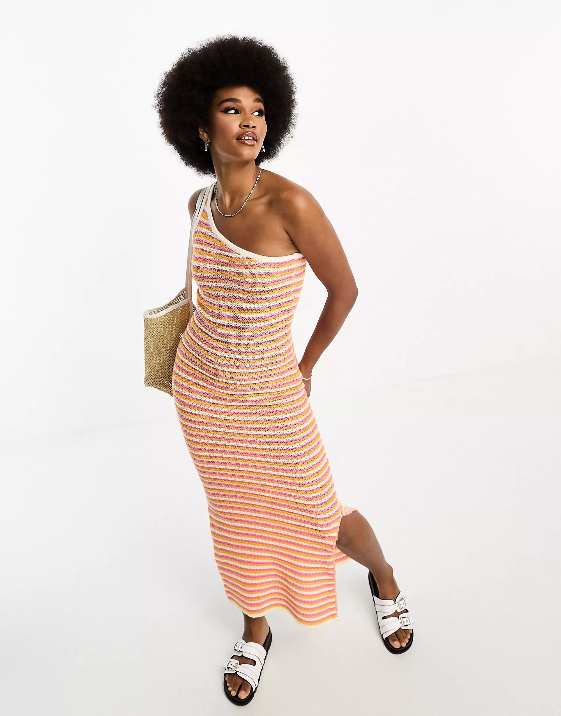 Noisy May Tall crochet one shoulder maxi dress in pink & orange stripe | ASOS (Global)