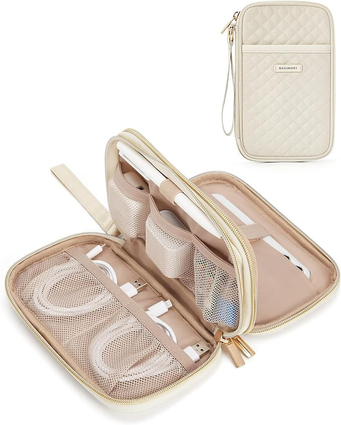 BAGSMART Double Layer Quilted Beige Electronic Organizer Travel Case, 7.5" x 4.3" x 2", Protects ... | Amazon (US)