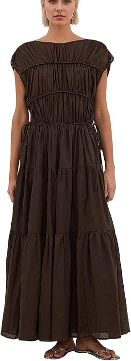 Women Pleated Ruched Tiered Maxi Dress Sleeveless Patchwork Ruffle Hem A Line Flowy Summer Elegan... | Amazon (US)