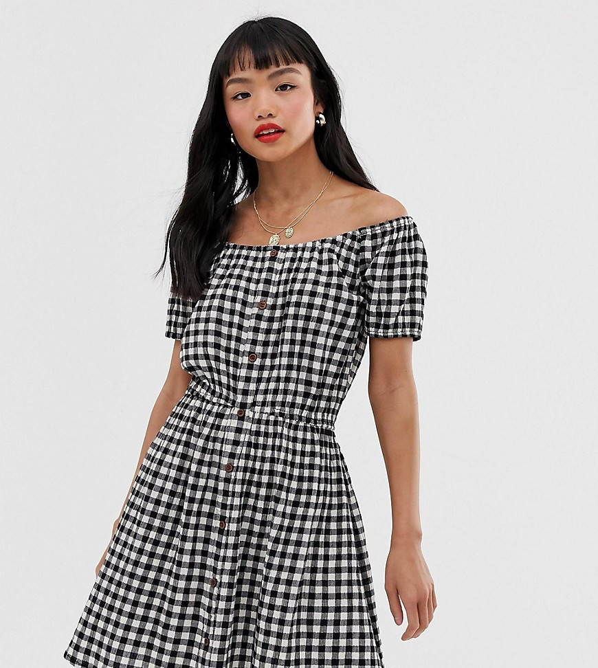 Brave Soul Petite off shoulder dress in gingham with button front-Black | ASOS (Global)