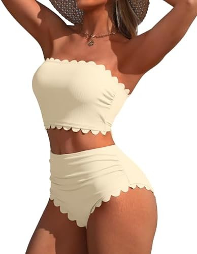 Charmo Strapless High Waisted Bikini Sets for Women Tummy Control Scallop Ribbed Bandeau Swimsuit... | Amazon (US)