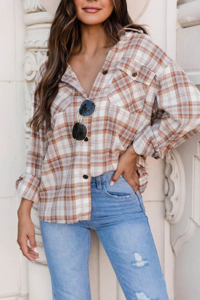 Got Me Wondering Brown Plaid Button Down Blouse | Pink Lily