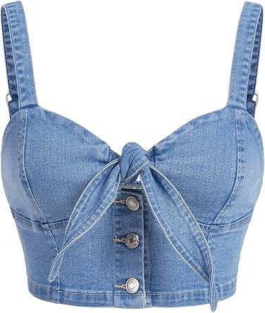 Women's Backless Denim Cami Crop Top Sweetheart Neck Button Tie Front Jean Camisole | Amazon (US)