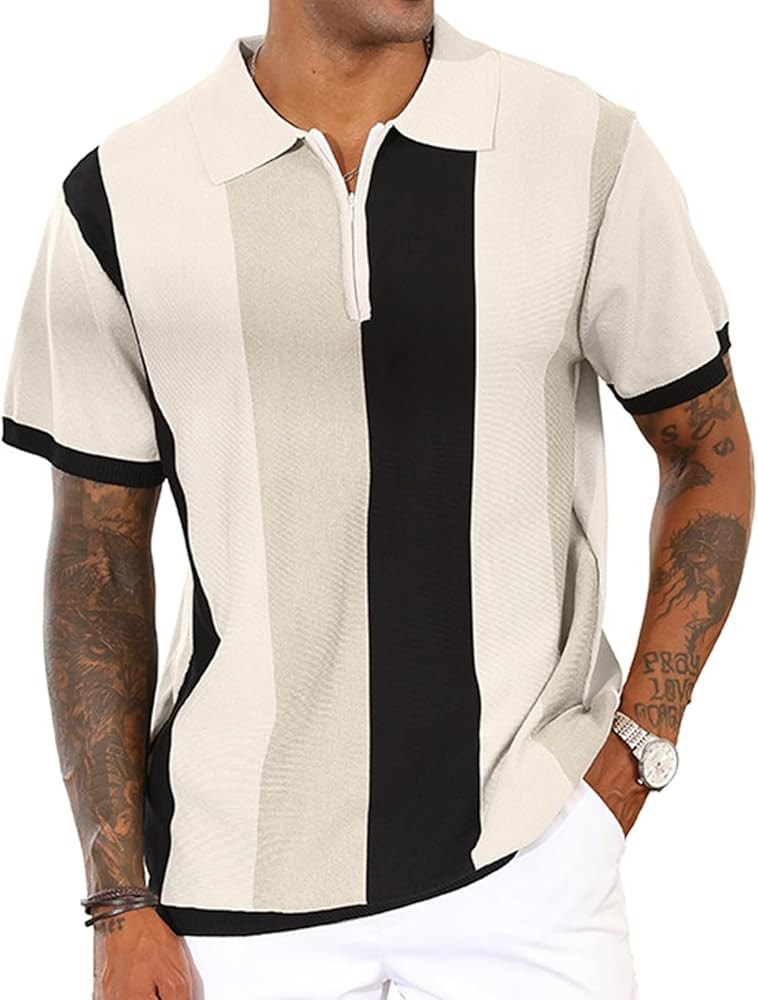 Men's Fashion Polo Shirts Vintage Striped Knitting Shirts Casual Slim Fit Golf Shirts | Amazon (US)