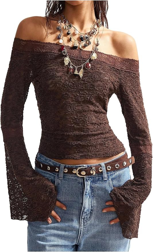 Women's Boho Gothic Lace Off The Shoulder Tops Bell Sleeve Sheer T Shirts Fitted Crop Tops | Amazon (US)