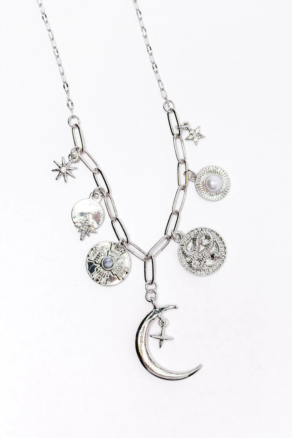 Celestial Charm Silver Necklace | Pink Lily