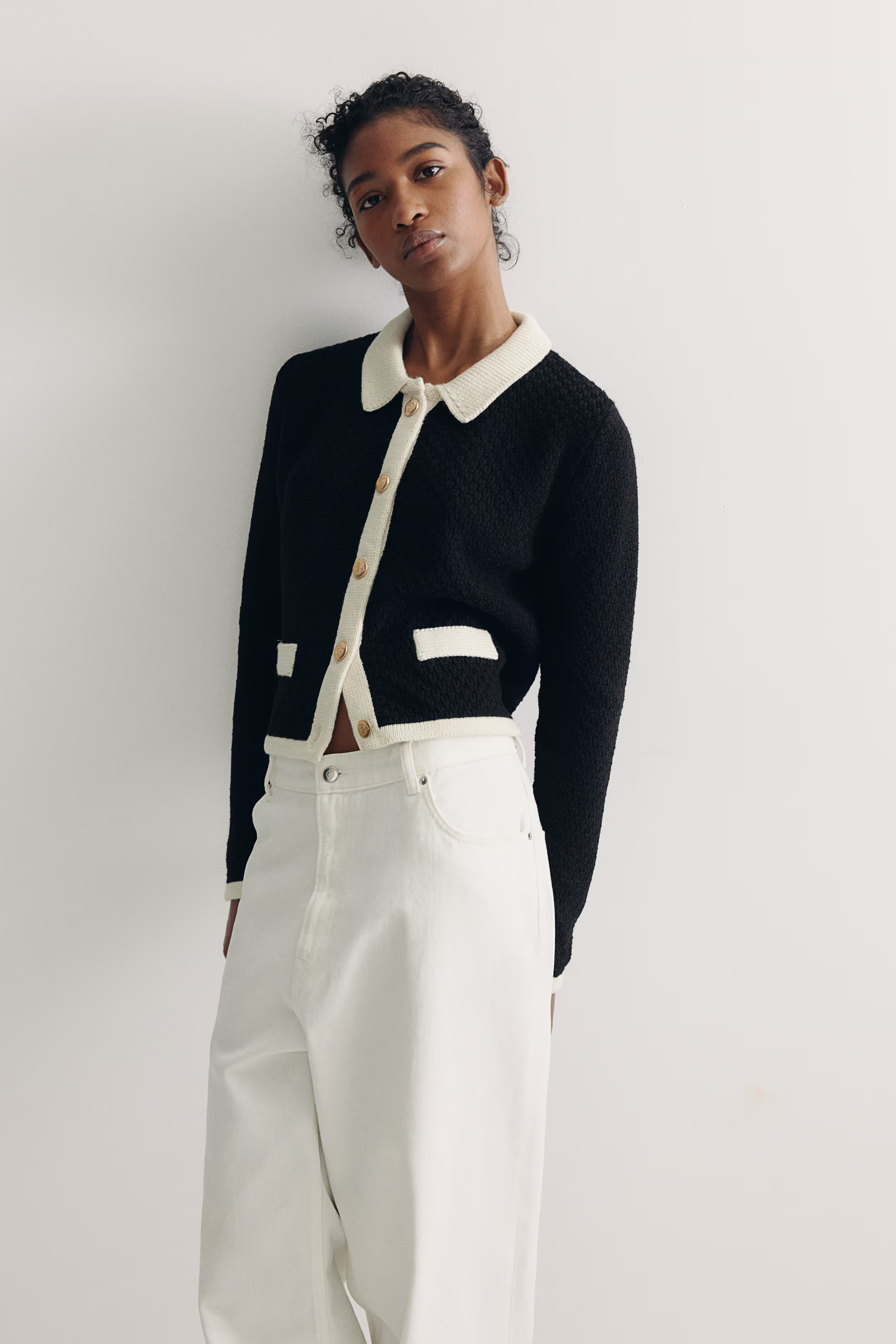 Cardigan in Strukturstrick - Schwarz/Cremefarben - Ladies | H&M AT | H&M (DE, AT, CH, NL, FI)