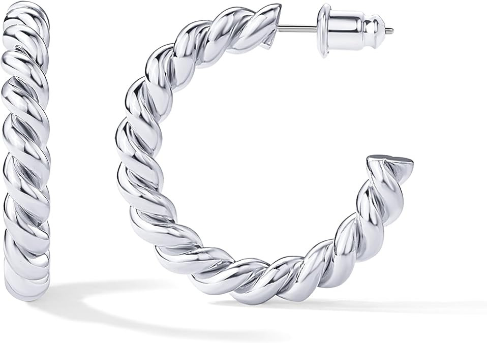 PAVOI 14K Gold Plated Twisted Rope Round Hoop Earrings in Rose, White and Yellow Gold | Amazon (US)