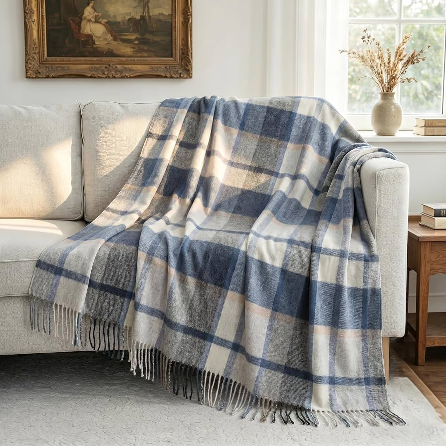 Pure Wool Plaid Throw Blanket,Super Soft Lightweight Home Decorative Throw | Amazon (US)