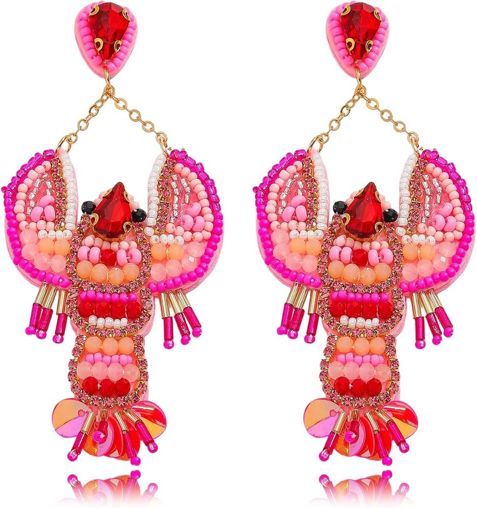 Handmade Beaded Lobster Earrings for Women, Bohemian Crawfish Hook Dangle Earrings for Carnival P... | Amazon (US)