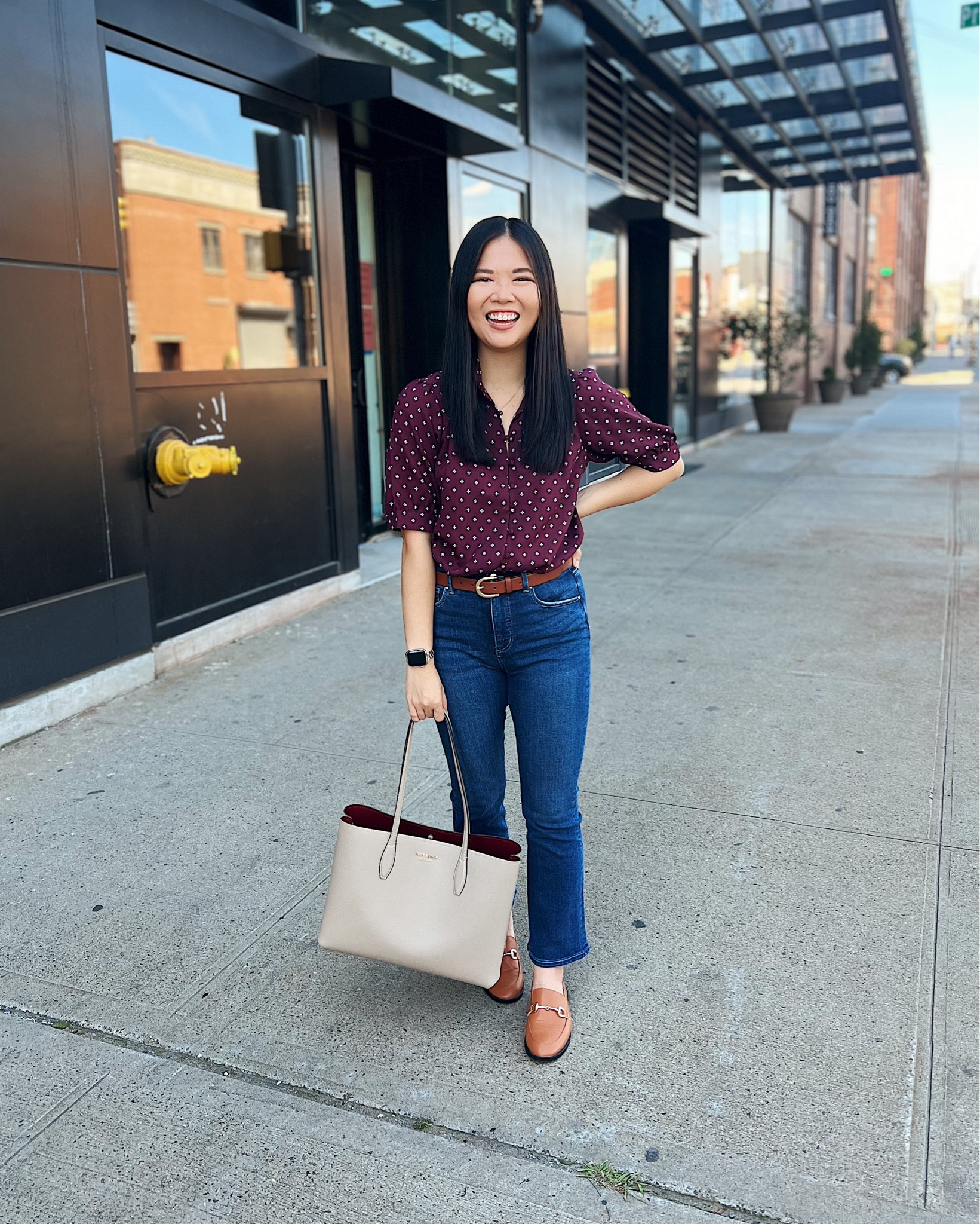 Burgundy short sleeve blouse (XS)
Dark wash jeans (4P)
White tote bag
Brown loafers (TTS)

Ann Taylor outfit
Teacher outfit
Smart casual outfit
Fall work outfit
Fall outfit
Amazon shoes
Sam Edelman loafer dupes
Sam Edelman dupes
High waisted jeans
High waisted crop jeans
High waisted flared jeans
Tory Burch tote bag
Tory Burch Perry tote bag

#LTKworkwear #LTKstyletip #LTKSeasonal