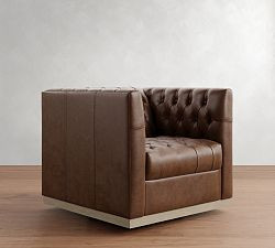 Open Box: Edgewood Leather Swivel Chair, Individual, Seadrift Base, Statesville - Molasses | Pottery Barn (US)