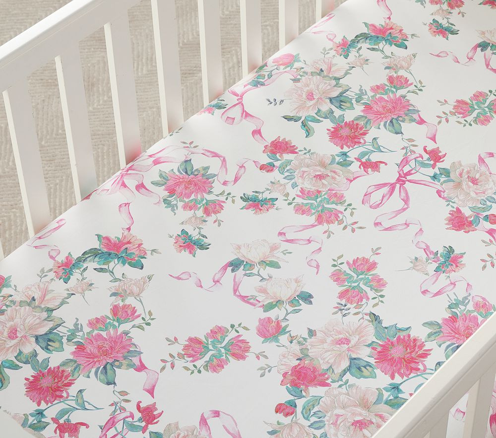 LoveShackFancy Cabbage Rose Bow Organic Crib Fitted Sheet | Pottery Barn Kids