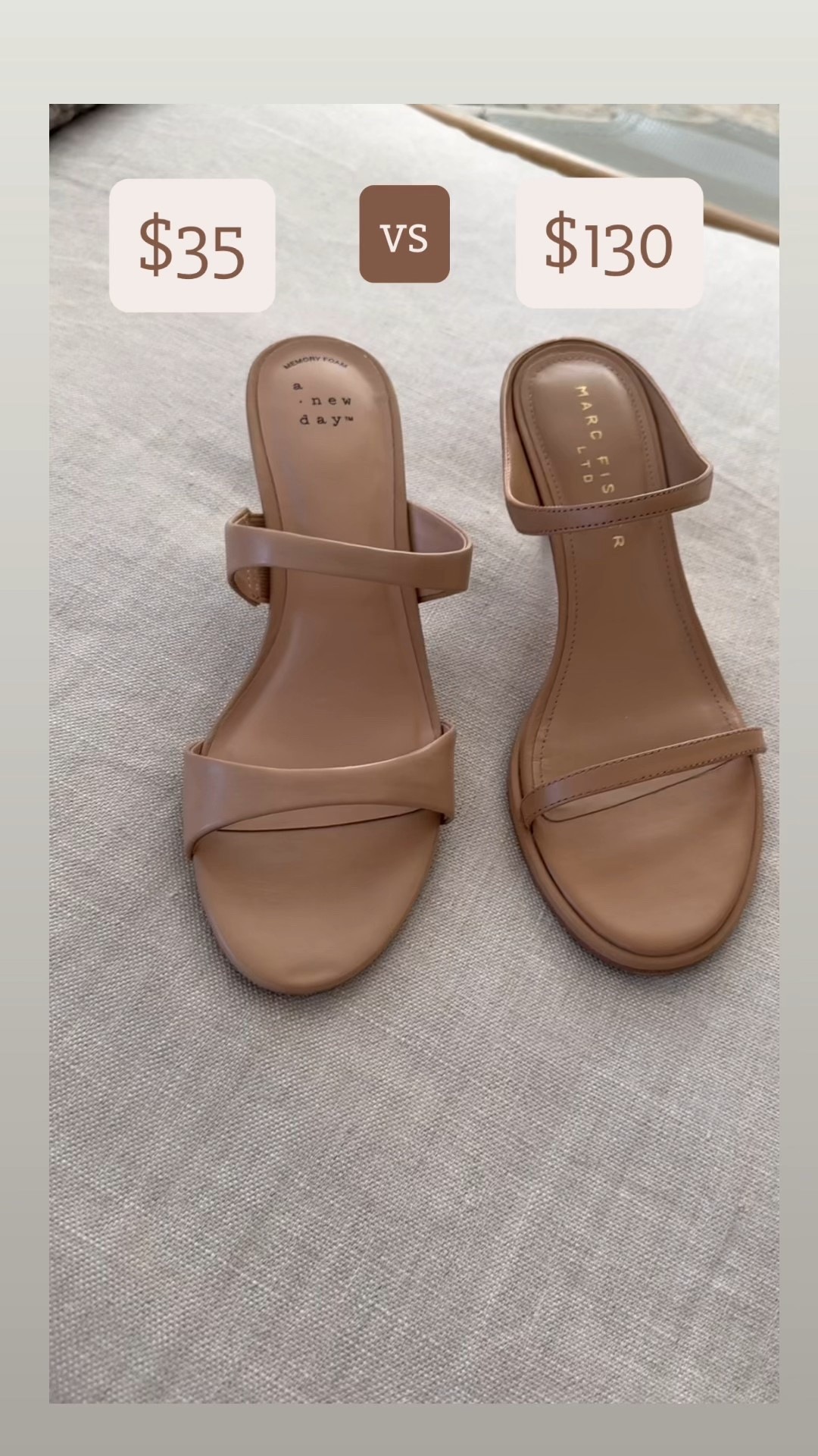 okay, *add to cart* immediately if wanting this look for less! Nearly identical, the $130 option has slightly thinner straps, but heel height, cushioning and overall style basically identical. Target sandals $35 vs Marc Fisher $130! 