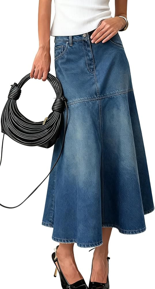 chouyatou Women's Elegant A-Line Pleated Jean Skirt Western Distressed Midi Long Fishtail Denim S... | Amazon (US)