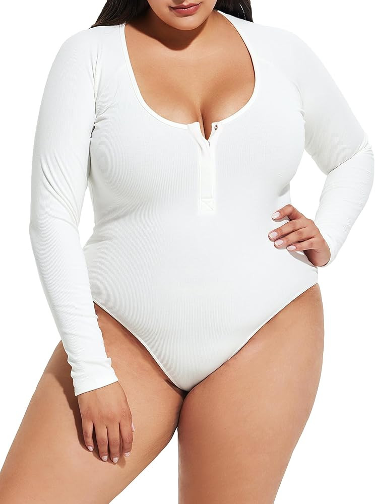 Women's Henley Shirts Plus Size Bodysuit Long Sleeve Sexy Top Scoop Neck Button Down Ribbed Body ... | Amazon (US)